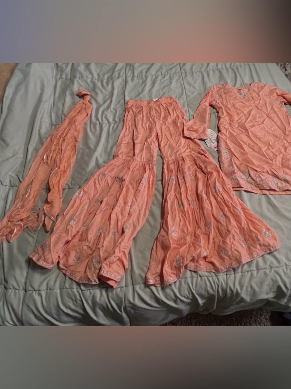 Peach Embroidered Three-Piece Ethnic Set - Top, Sharara Pants & Dupatta